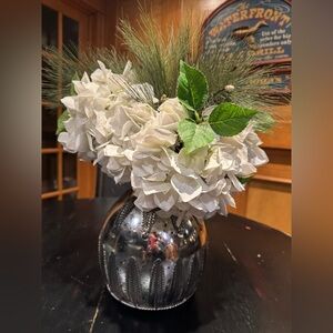 POTTERY BARN Floral arrangement in silver vase